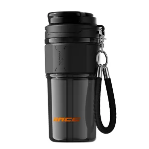 Portable black travel coffee tumbler with straw and strap, durable plastic cup for car and daily use