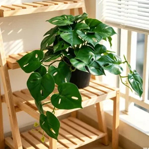 Artificial monstera potted plant green foliage for home office decor aesthetic shelf display.