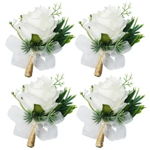 Künstliche weiße Rosen Ansteckblume mit grünen Blättern für Hochzeit Bräutigam Gast.