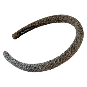 Slim grey knitted high skull top headband for women with handmade label decoration