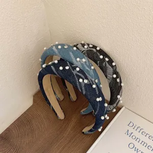 Set di tre cerchietti in denim in stile coreano decorati con perle e strass luccicanti