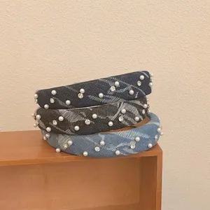 Set di tre cerchietti in denim in stile coreano decorati con perle e strass luccicanti