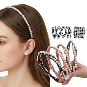 Portable telescopic pearl folding headband for women in various stylish colors.