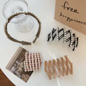 Elegant telescopic foldable pearl headband and non-slip hair clips in various colors