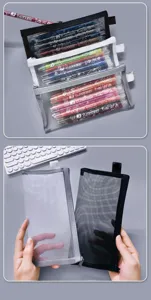 Transparent mesh pencil case, large capacity minimalist stationery storage bag for students.