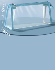 Astuccio trasparente con bordo blu, borsa per articoli di cancelleria in PVC minimalista.