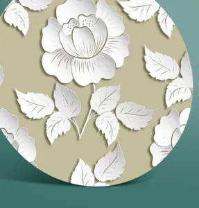 Nahaufnahme von 3D-weißer Papierblumen-Kunstdesign mit zarten Blättern auf gedämpftem Grün.