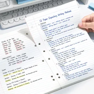 Detail view of A4 loose leaf notebook with ruled lines, easy tear pages for writing.
