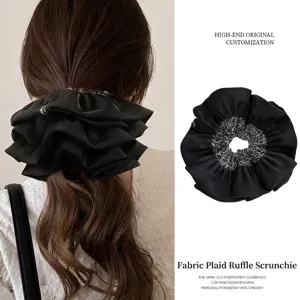 Large French style satin ruffled scrunchie with vintage patterned center for hair styling