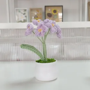 Handmade crochet potted flower artificial plant knitted purple floral decor home desktop ornament
