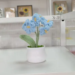 Handmade crochet blue flower potted plant, cute knitted artificial floral desktop decor gift.