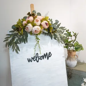 Artificial peony flower eucalyptus door lintel hanging wedding welcome sign home decor
