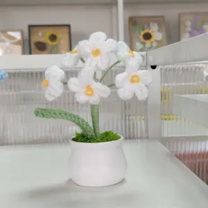 Handmade crochet white flower potted plant detail view, delicate yarn potted decor for home.