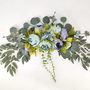Artificial peony flower swag eucalyptus leaves wall hanging home wedding decor blue
