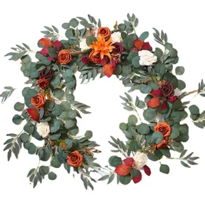 Artificial autumn eucalyptus rose flower garland wreath for wedding party table decoration
