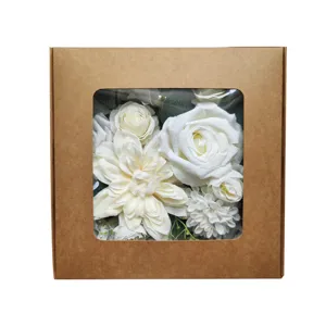 Handmade artificial silk white rose dahlia floral bouquet set in a rustic kraft gift box.