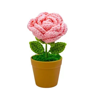 Handmade crochet pink rose potted plant artificial flower gift for home decor and festivals