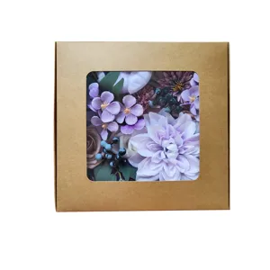 Handmade purple artificial silk flower gift box with dahlia and berries for wedding decor home.