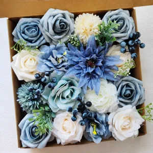Boîte Cadeau de Fleurs Artificielles en Soie Fait Main Roses Bleues Arrangement Floral Pour Fête de Mariage et Décoration Intérieure