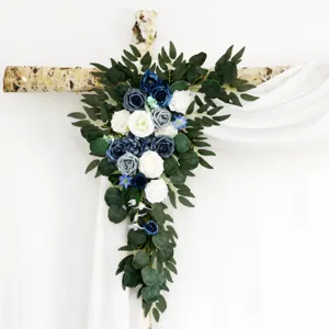Blue white artificial rose flower swag with eucalyptus leaves for wedding arch decor.