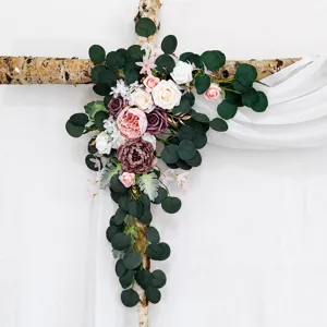 Artificial flowers wedding arch decor, silk rose peony eucalyptus leaves for ceremony.