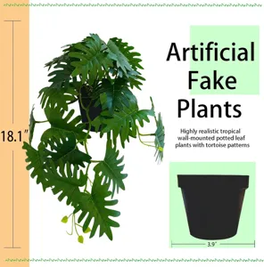 Artificial fake hanging tropical potted plant with realistic leaves for home wall decor