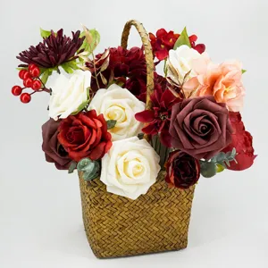 Artificial flower bouquet in woven basket for wedding party decoration and Valentine's gift.