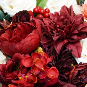 European style artificial flower gift box detail, premium silk peony and rose bouquet.