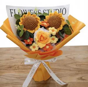 Handmade crochet sunflower rose bouquet gift wrapped artificial knitted flowers table decor