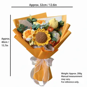 Handmade crochet sunflower bouquet detail shot, warm yellow gift wrapping paper, ideal decor.