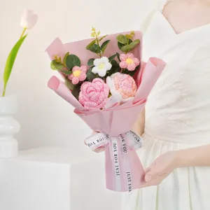 Handmade crochet flower bouquet detail view, elegant pink wrapped floral gift for events.