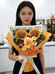 Handmade crochet sunflower bouquet gift knitted flower home decor arrangement details