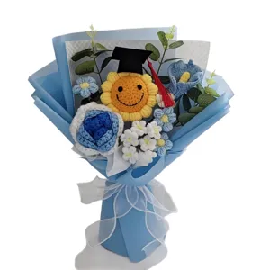 Handmade crochet graduation sunflower bouquet with blue rose cute handmade flower gift
