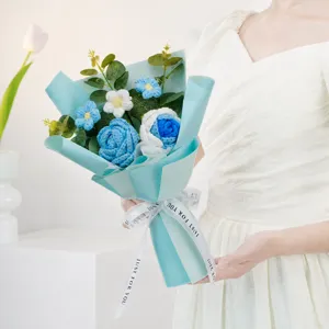Handmade crochet flower bouquet in blue wrapping paper romantic gift for women and girls
