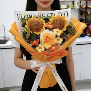 Handmade crochet sunflower flower bouquet knitted floral gift for graduation decor