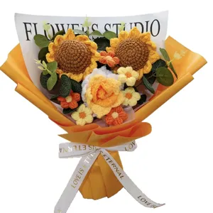 Handmade crochet sunflower bouquet finished product with elegant yellow wrapping for gifts.