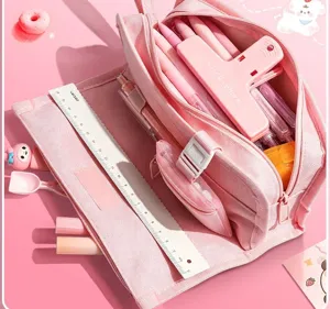 Large capacity pink canvas pencil case, multi-layer cute stationery storage bag for school.
