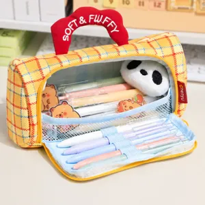 Plush Pencil Case Large Capacity Cute Cartoon Animal Plaid Pencil Pouch Handheld Stationery Organizer For Students School