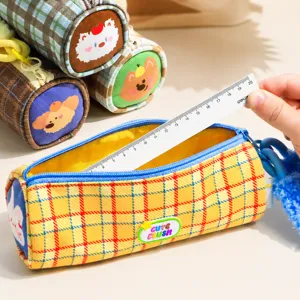 Winter plaid plush pencil case cute large capacity stationery bag with 20cm ruler fit