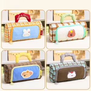 Cute plaid pencil case with handle and large capacity, cute animal cartoon design storage pouch.
