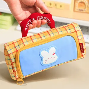 Cute cartoon plaid pencil case with handle, large capacity soft stationery pouch for kids.