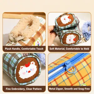 Winter plaid pencil case with plush handle cute aesthetic stationery bag for school