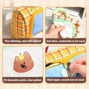 Cute plaid pencil case large capacity stationery pouch with cute cartoon bear patch design.