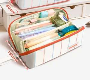 Detailed close-up view of a large capacity multi-layer canvas pencil case with stripes.