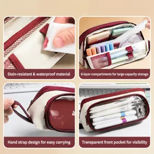 Large capacity standing pencil case with waterproof fabric, 6-layer partition and clear window.