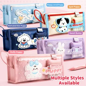 Large capacity multi-functional canvas pencil case cute cartoon animal stationery bag.