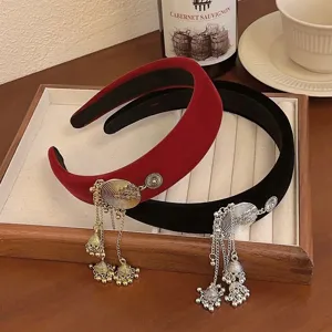 New Chinese Style Velvet Padded Headband For Women Vintage Alloy Jingle Bell Tassel Hair Band Ethnic New Year Party Headwear