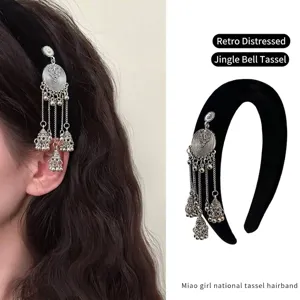 Vintage ethnic style black velvet headband with decorative silver metal tassel bells