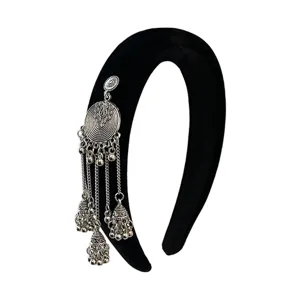 Elegant black velvet headband with vintage silver tassel bells in ethnic Chinese style