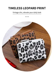 Detailed view of fashionable leopard print short wallet with multiple card slots.
